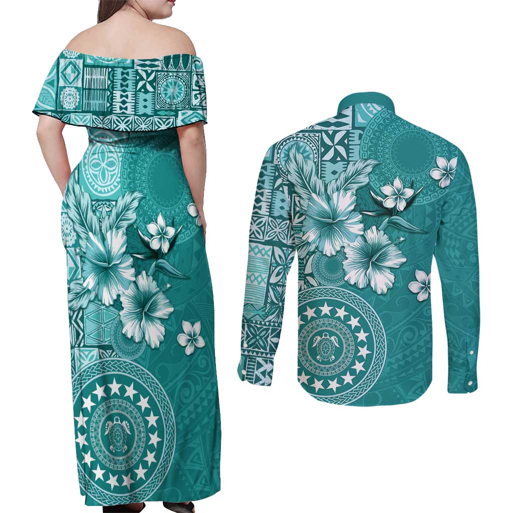 Cook Islands Couples Matching Off Shoulder Maxi Dress and Long Sleeve Button Shirt Teal Hibiscus And Stars