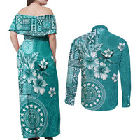 Cook Islands Couples Matching Off Shoulder Maxi Dress and Long Sleeve Button Shirt Teal Hibiscus And Stars