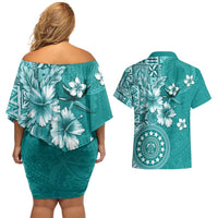 Cook Islands Couples Matching Off Shoulder Short Dress and Hawaiian Shirt Teal Hibiscus And Stars