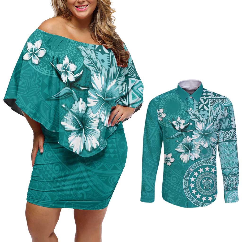 Cook Islands Couples Matching Off Shoulder Short Dress and Long Sleeve Button Shirt Teal Hibiscus And Stars