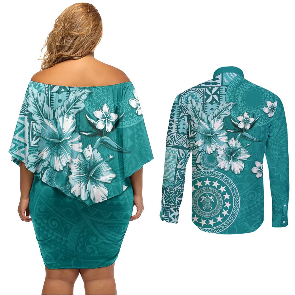 Cook Islands Couples Matching Off Shoulder Short Dress and Long Sleeve Button Shirt Teal Hibiscus And Stars