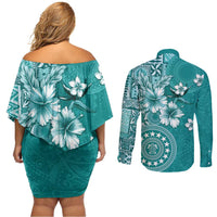 Cook Islands Couples Matching Off Shoulder Short Dress and Long Sleeve Button Shirt Teal Hibiscus And Stars