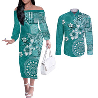 Cook Islands Couples Matching Off The Shoulder Long Sleeve Dress and Long Sleeve Button Shirt Teal Hibiscus And Stars