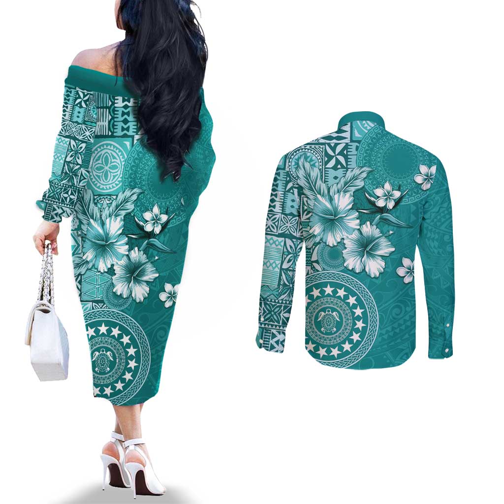 Cook Islands Couples Matching Off The Shoulder Long Sleeve Dress and Long Sleeve Button Shirt Teal Hibiscus And Stars