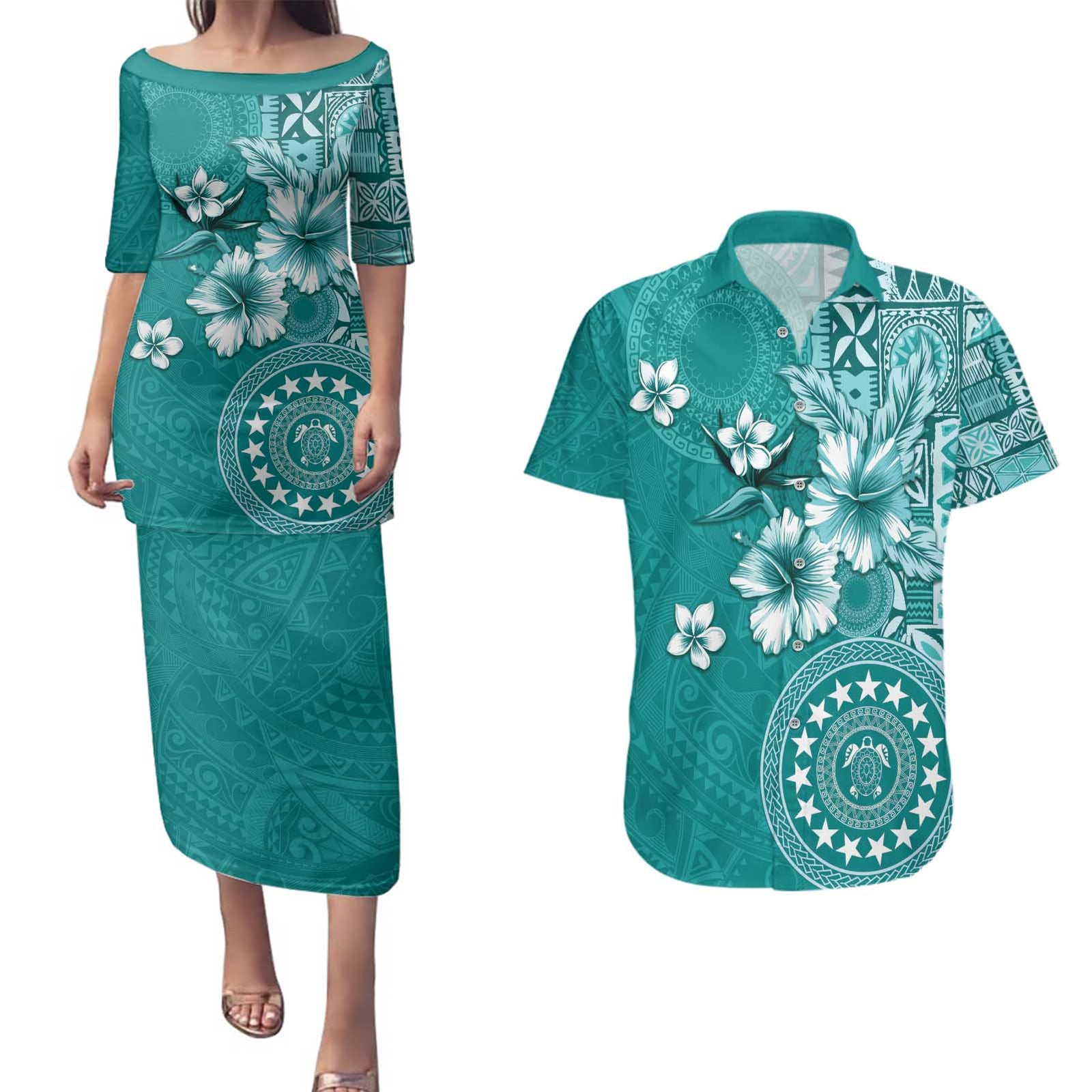 Cook Islands Couples Matching Puletasi and Hawaiian Shirt Teal Hibiscus And Stars