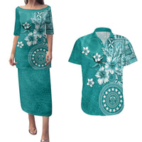 Cook Islands Couples Matching Puletasi and Hawaiian Shirt Teal Hibiscus And Stars