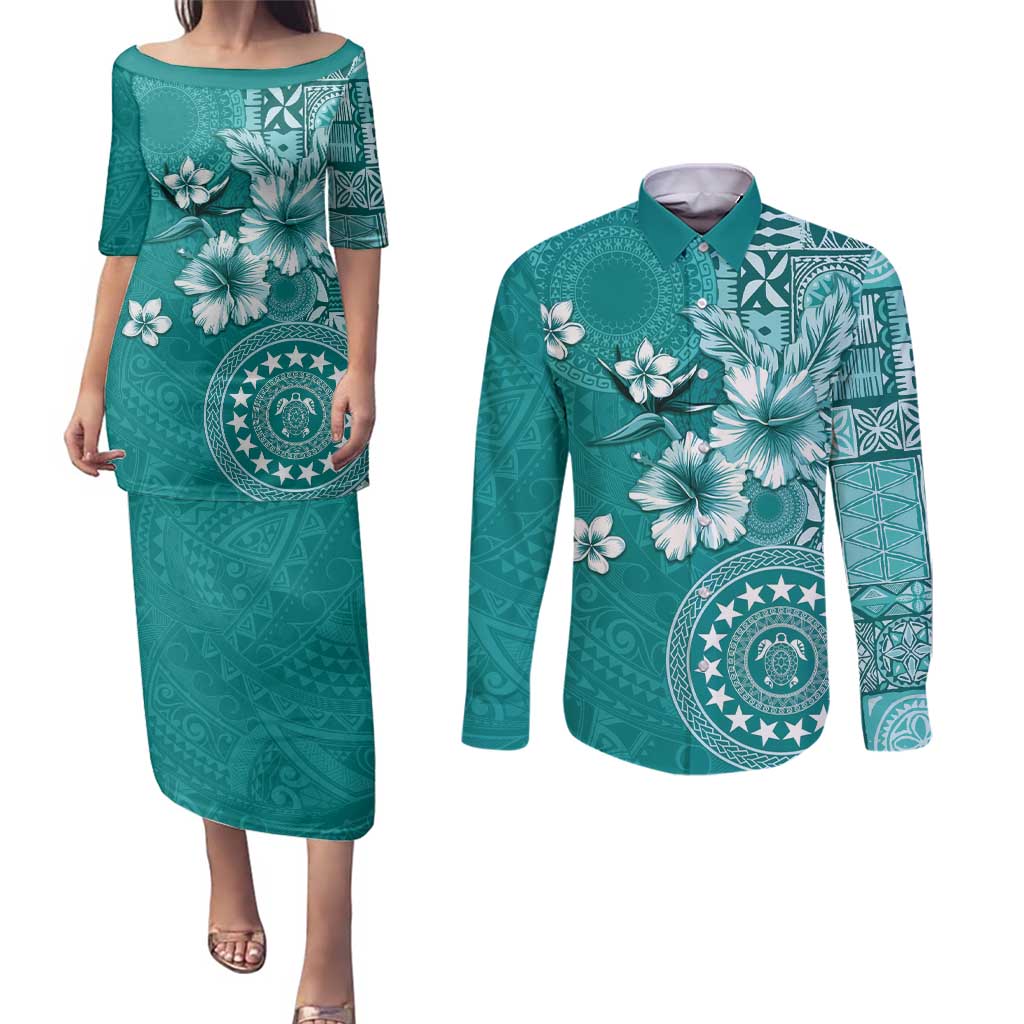Cook Islands Couples Matching Puletasi and Long Sleeve Button Shirt Teal Hibiscus And Stars