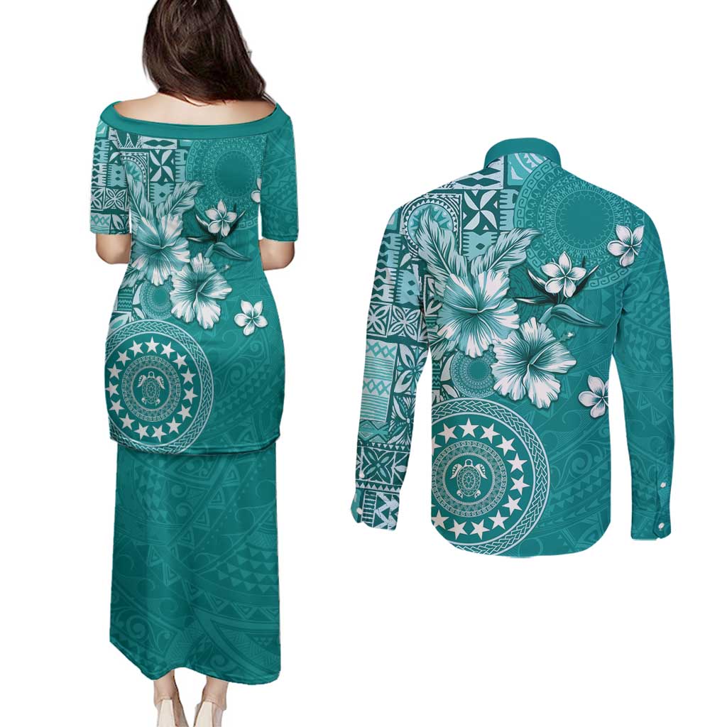 Cook Islands Couples Matching Puletasi and Long Sleeve Button Shirt Teal Hibiscus And Stars