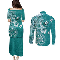 Cook Islands Couples Matching Puletasi and Long Sleeve Button Shirt Teal Hibiscus And Stars