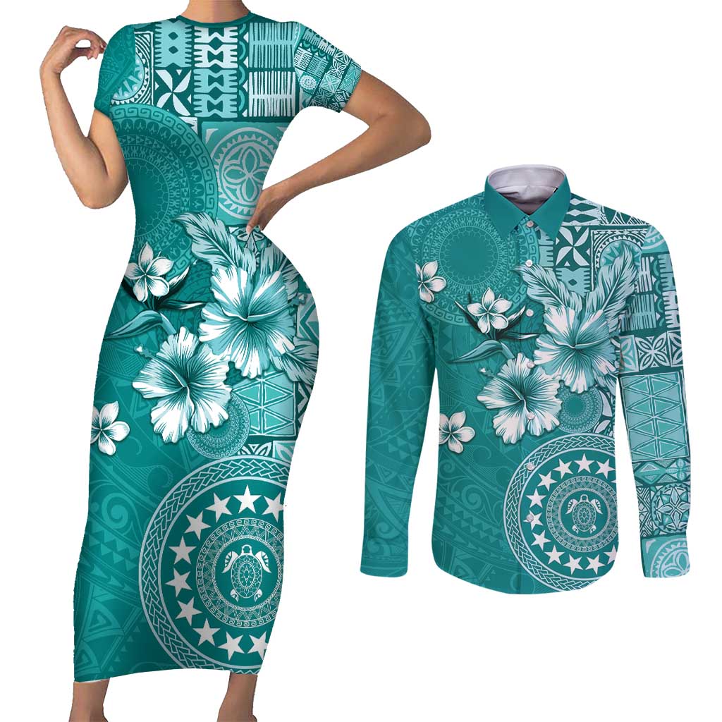 Cook Islands Couples Matching Short Sleeve Bodycon Dress and Long Sleeve Button Shirt Teal Hibiscus And Stars