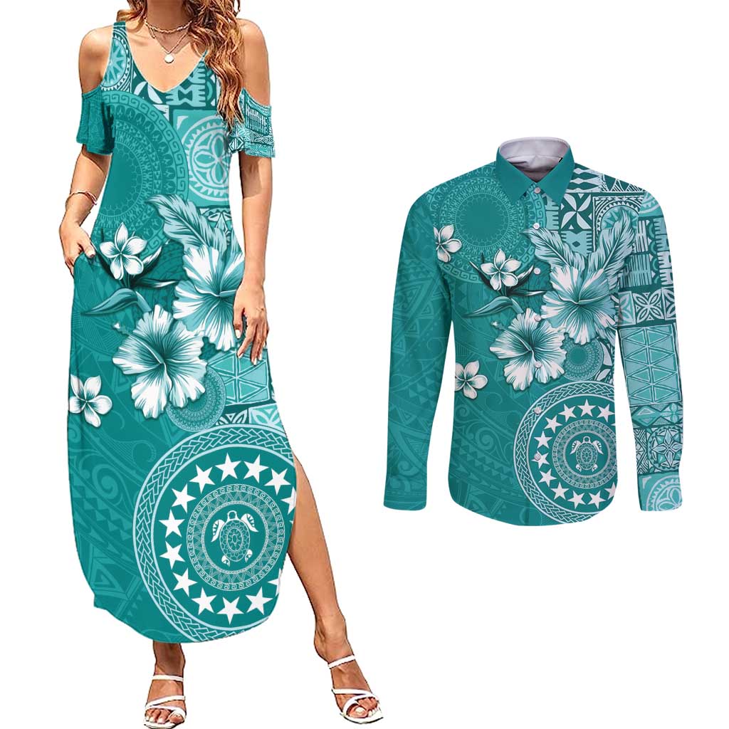 Cook Islands Couples Matching Summer Maxi Dress and Long Sleeve Button Shirt Teal Hibiscus And Stars