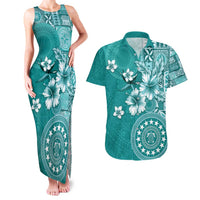 Cook Islands Couples Matching Tank Maxi Dress and Hawaiian Shirt Teal Hibiscus And Stars