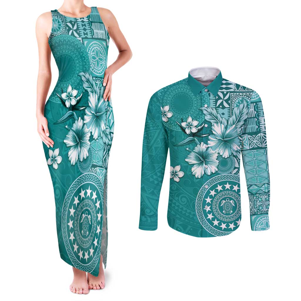 Cook Islands Couples Matching Tank Maxi Dress and Long Sleeve Button Shirt Teal Hibiscus And Stars