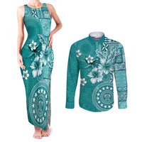 Cook Islands Couples Matching Tank Maxi Dress and Long Sleeve Button Shirt Teal Hibiscus And Stars