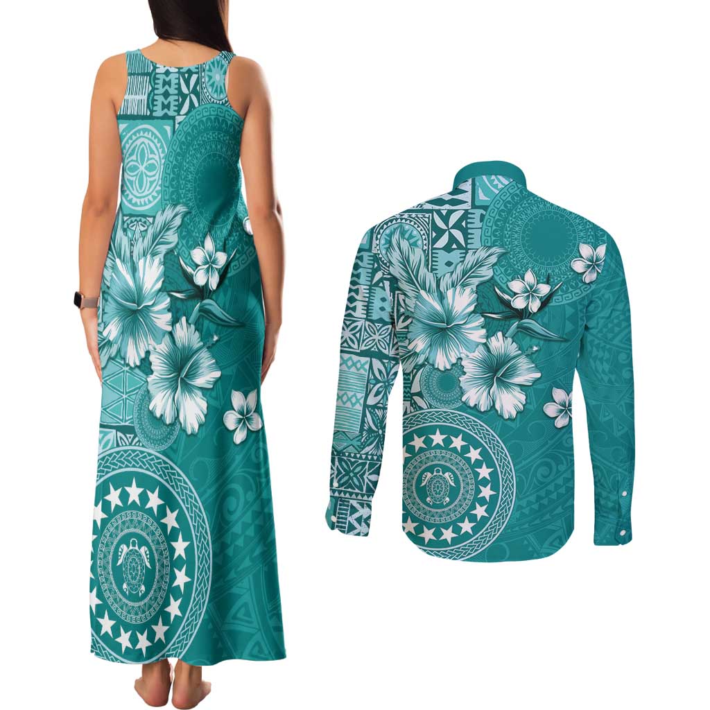 Cook Islands Couples Matching Tank Maxi Dress and Long Sleeve Button Shirt Teal Hibiscus And Stars