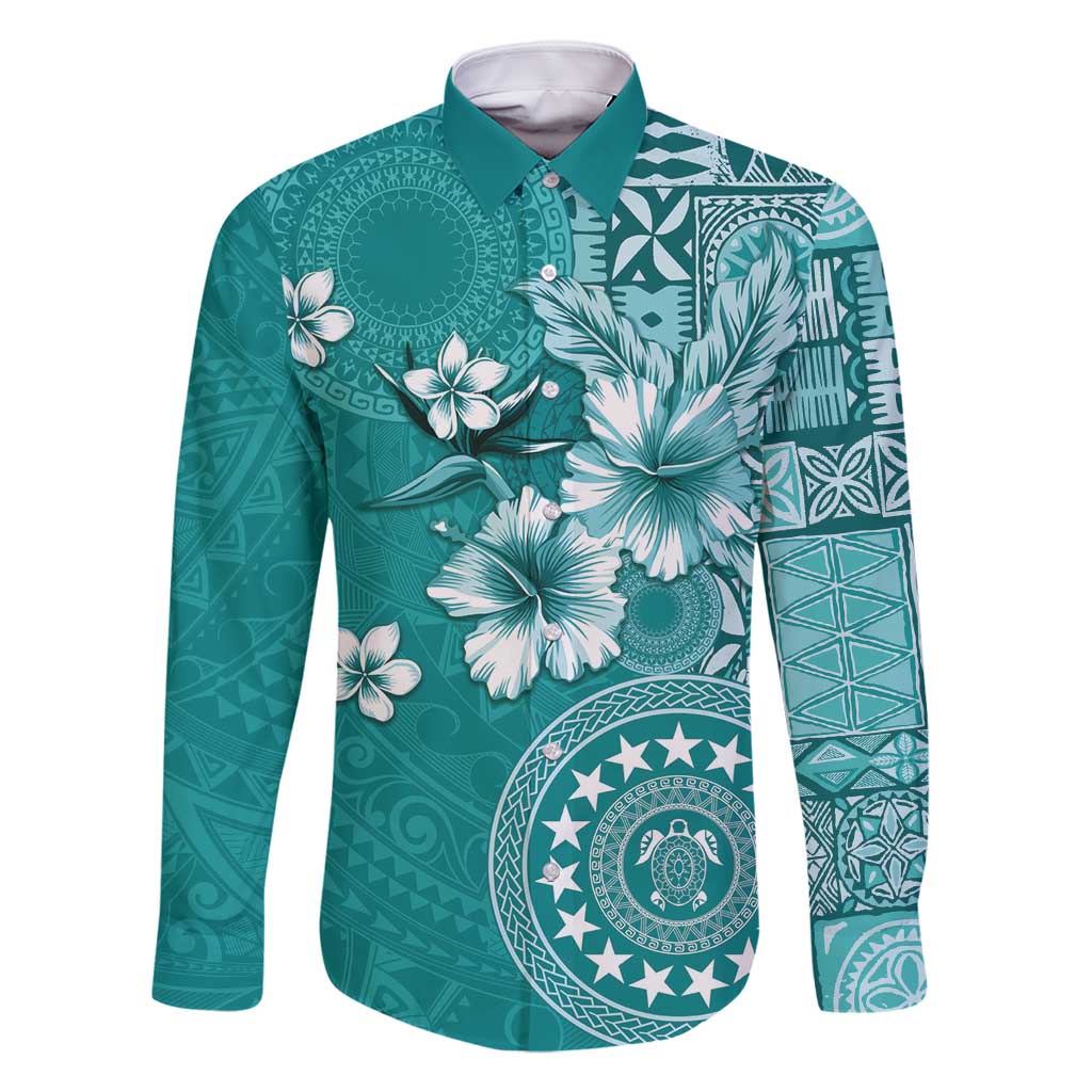 Cook Islands Family Matching Mermaid Dress and Hawaiian Shirt Teal Hibiscus And Stars