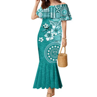 Cook Islands Family Matching Mermaid Dress and Hawaiian Shirt Teal Hibiscus And Stars