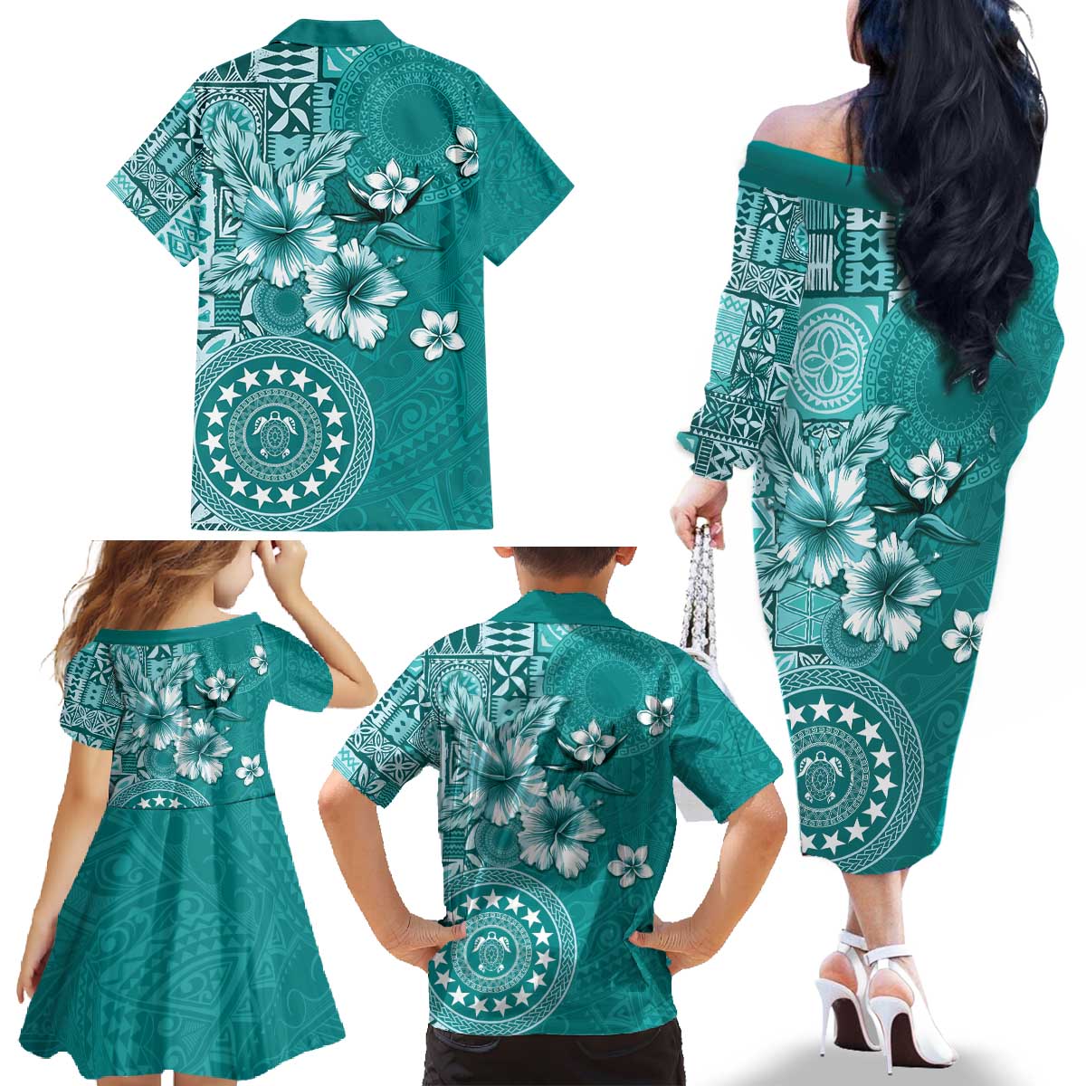 Cook Islands Family Matching Off The Shoulder Long Sleeve Dress and Hawaiian Shirt Teal Hibiscus And Stars