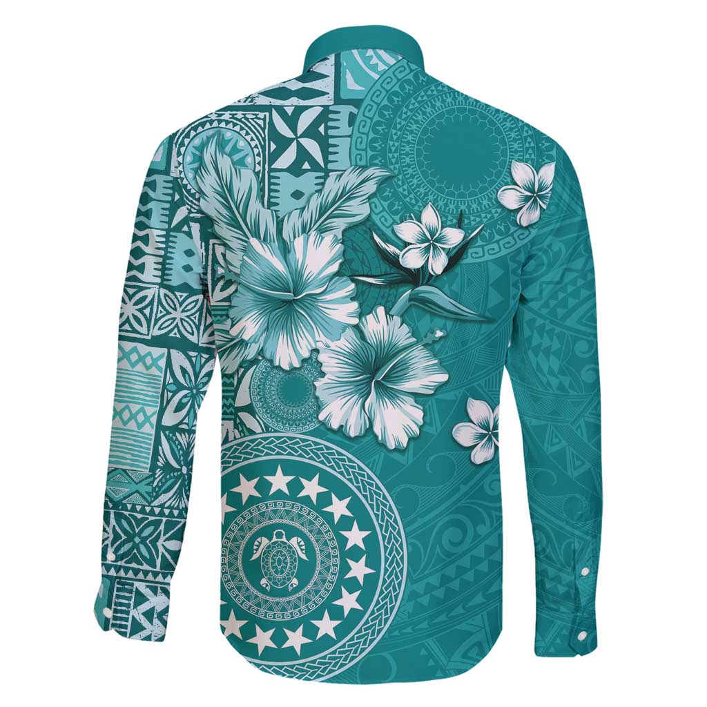 Cook Islands Family Matching Off Shoulder Maxi Dress and Hawaiian Shirt Teal Hibiscus And Stars