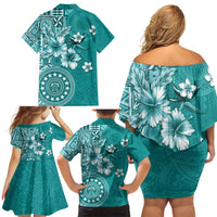 Cook Islands Family Matching Off Shoulder Short Dress and Hawaiian Shirt Teal Hibiscus And Stars