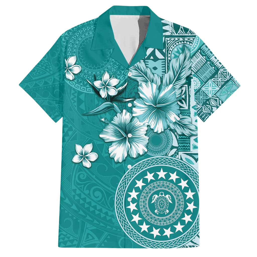Cook Islands Family Matching Short Sleeve Bodycon Dress and Hawaiian Shirt Teal Hibiscus And Stars