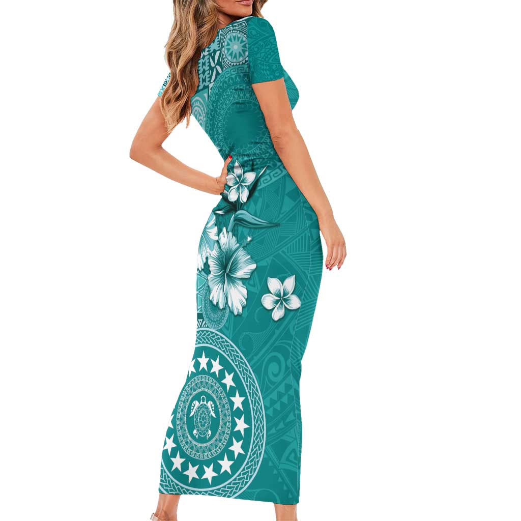 Cook Islands Family Matching Short Sleeve Bodycon Dress and Hawaiian Shirt Teal Hibiscus And Stars