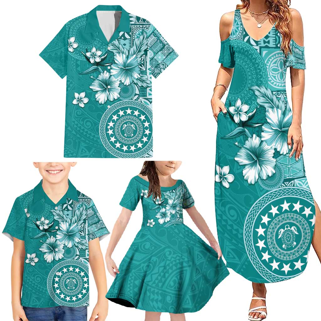 Cook Islands Family Matching Summer Maxi Dress and Hawaiian Shirt Teal Hibiscus And Stars