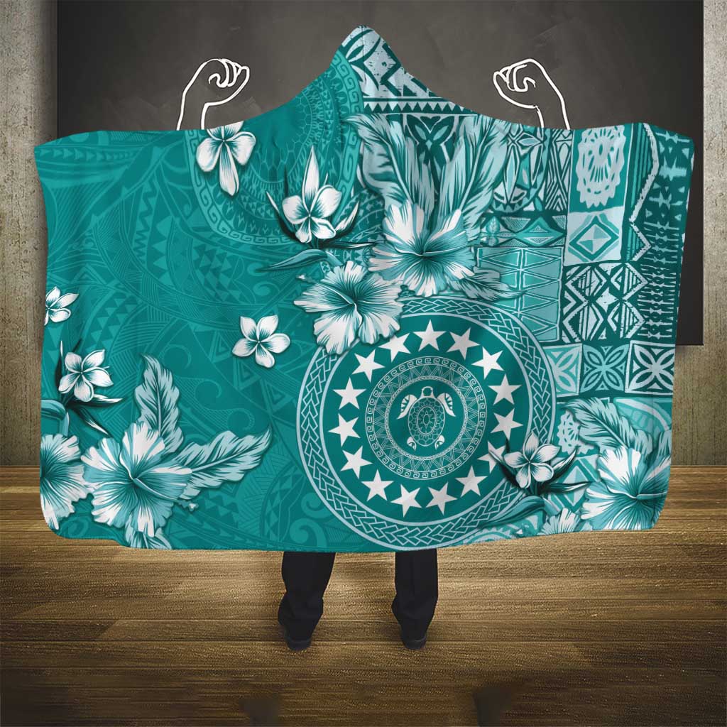 Cook Islands Hooded Blanket Teal Hibiscus And Stars
