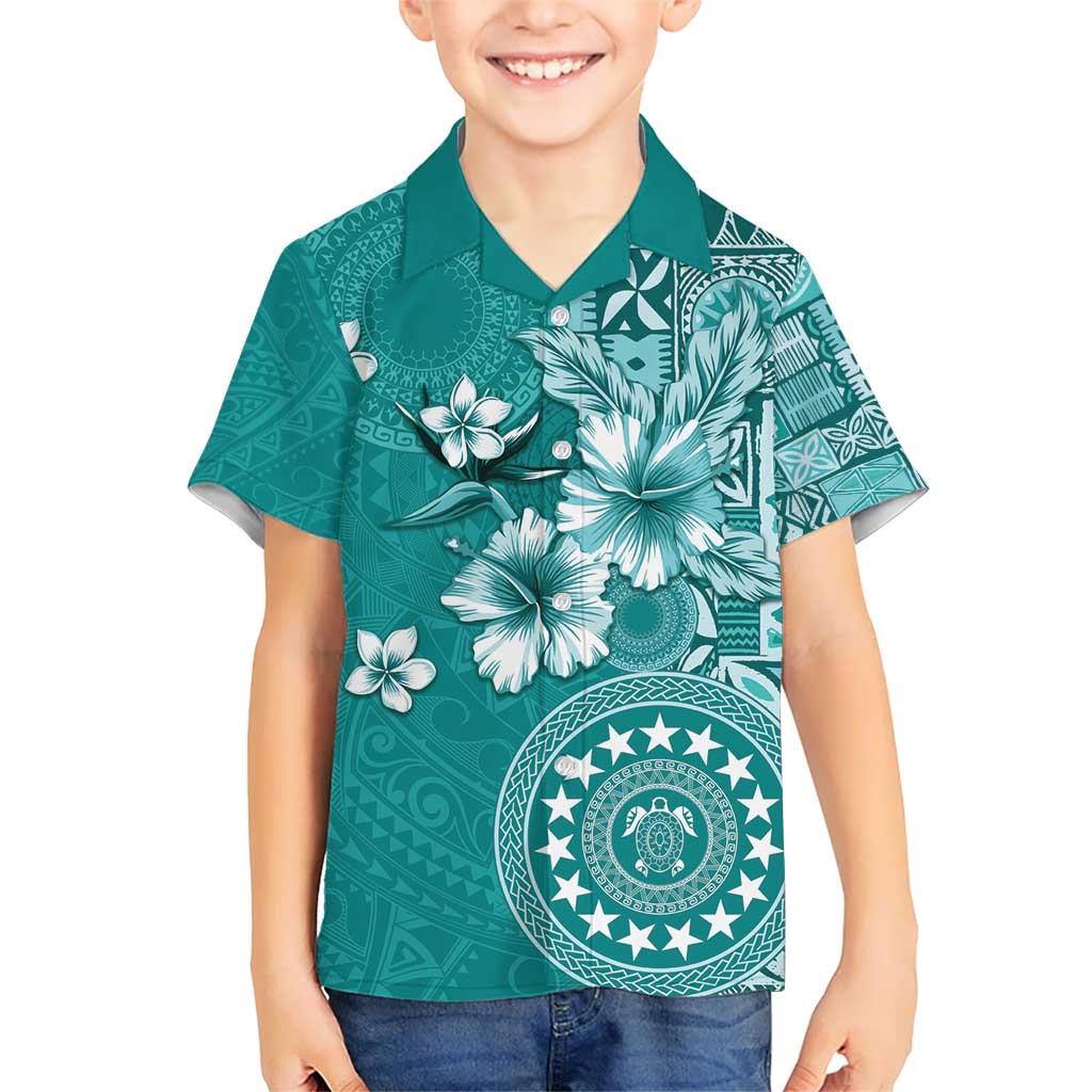 Cook Islands Kid Hawaiian Shirt Teal Hibiscus And Stars