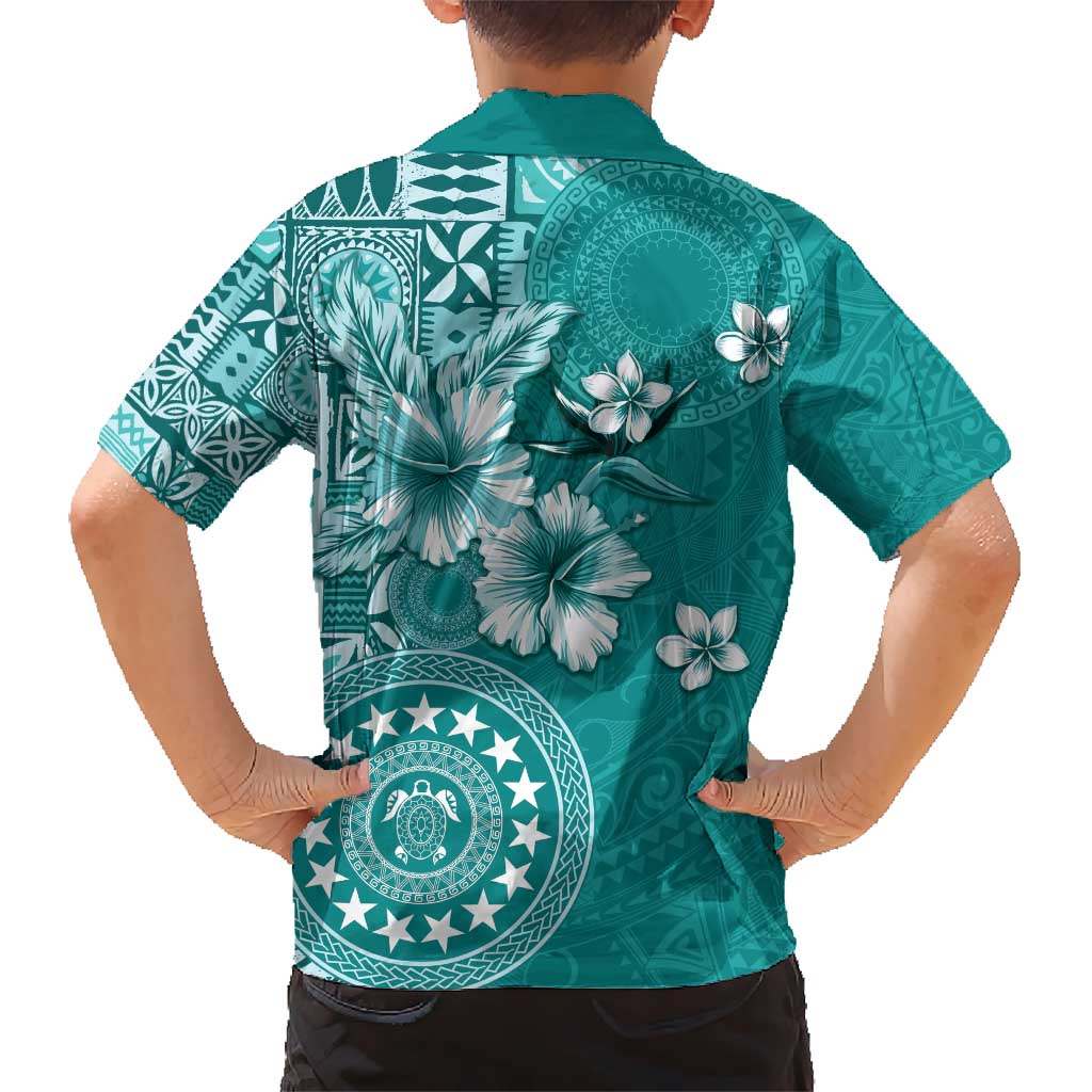 Cook Islands Kid Hawaiian Shirt Teal Hibiscus And Stars