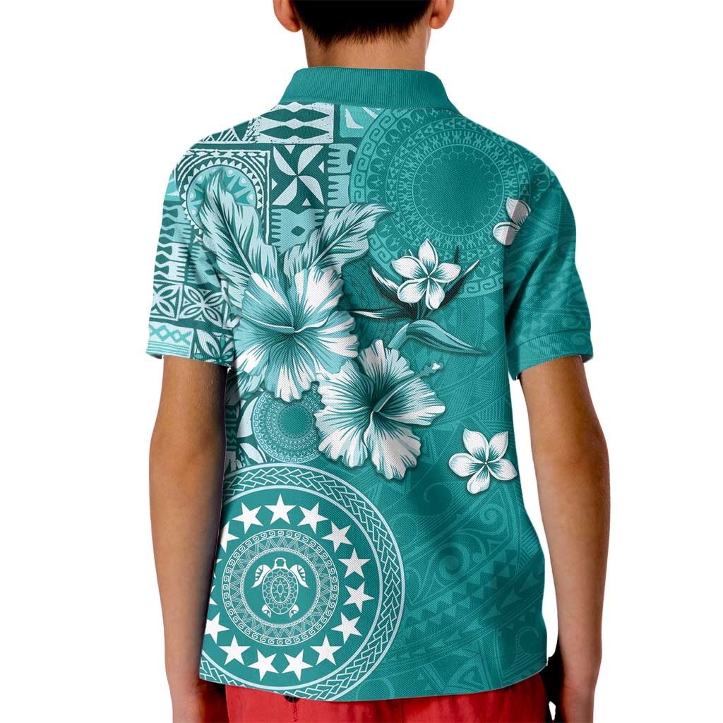 Cook Islands Kid Polo Shirt Teal Hibiscus And Stars