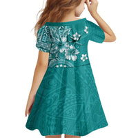 Cook Islands Kid Short Sleeve Dress Teal Hibiscus And Stars