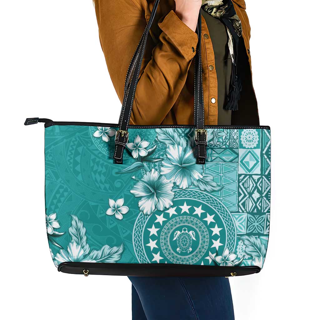 Cook Islands Leather Tote Bag Teal Hibiscus And Stars
