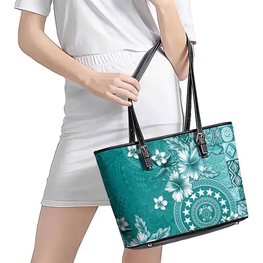 Cook Islands Leather Tote Bag Teal Hibiscus And Stars