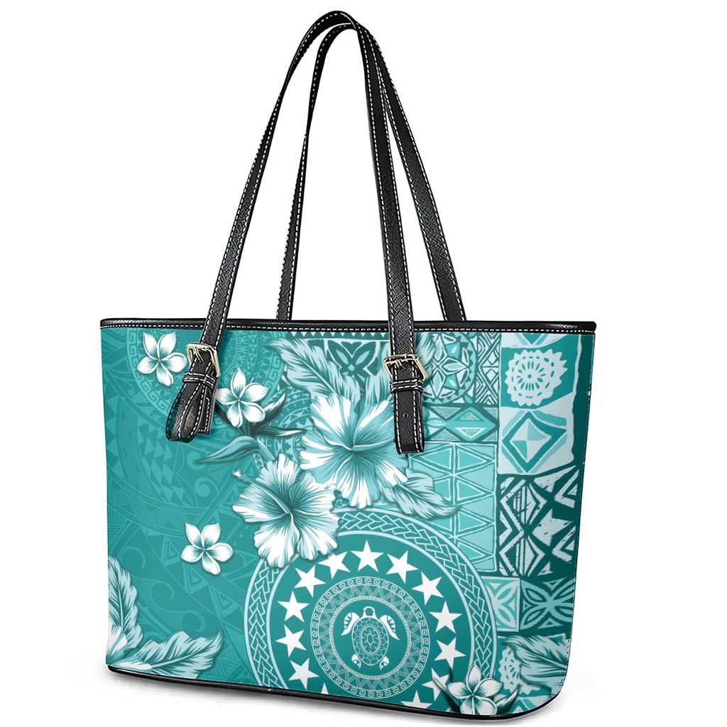Cook Islands Leather Tote Bag Teal Hibiscus And Stars