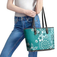 Cook Islands Leather Tote Bag Teal Hibiscus And Stars