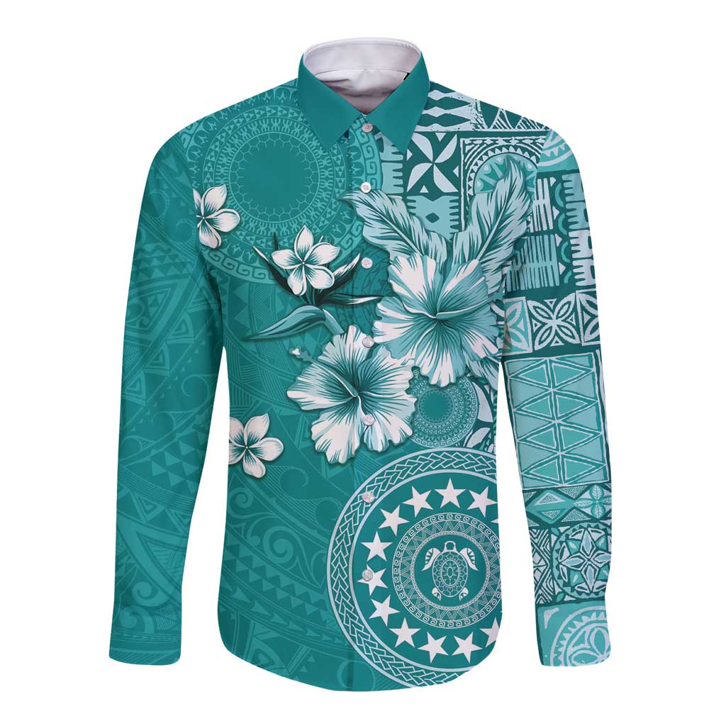 Cook Islands Long Sleeve Button Shirt Teal Hibiscus And Stars
