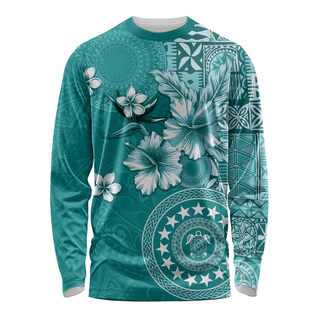 Cook Islands Long Sleeve Shirt Teal Hibiscus And Stars