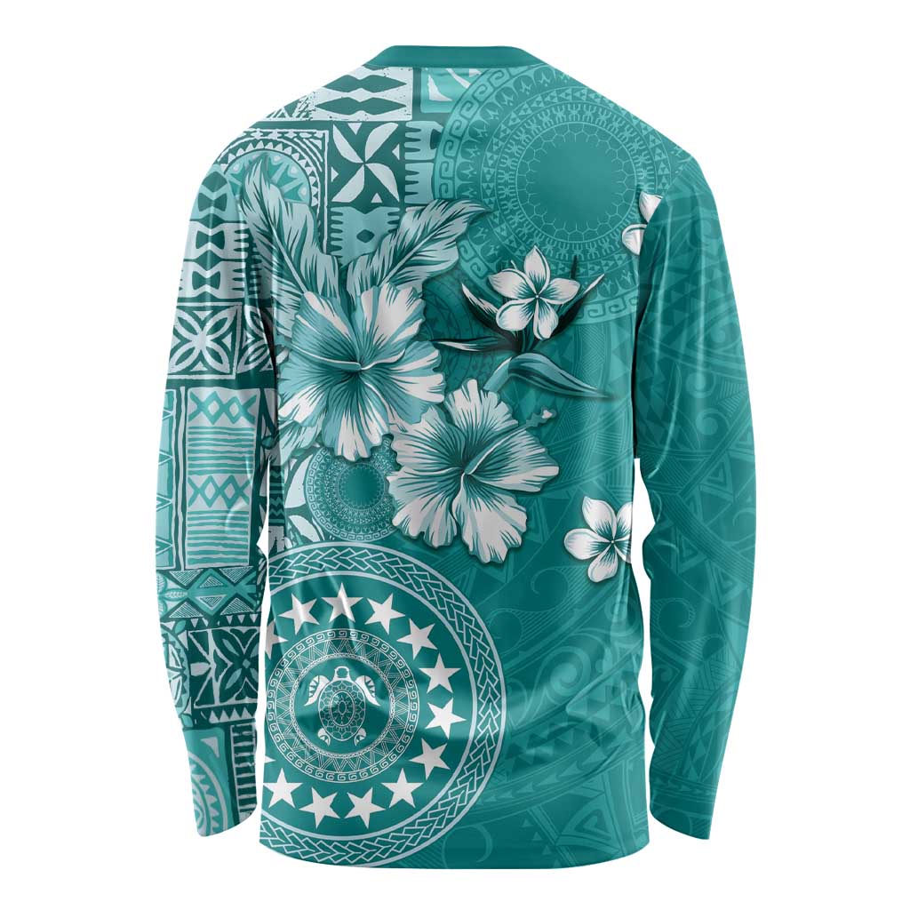 Cook Islands Long Sleeve Shirt Teal Hibiscus And Stars