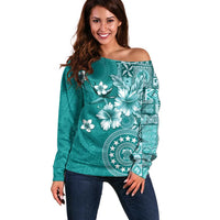 Cook Islands Off Shoulder Sweater Teal Hibiscus And Stars