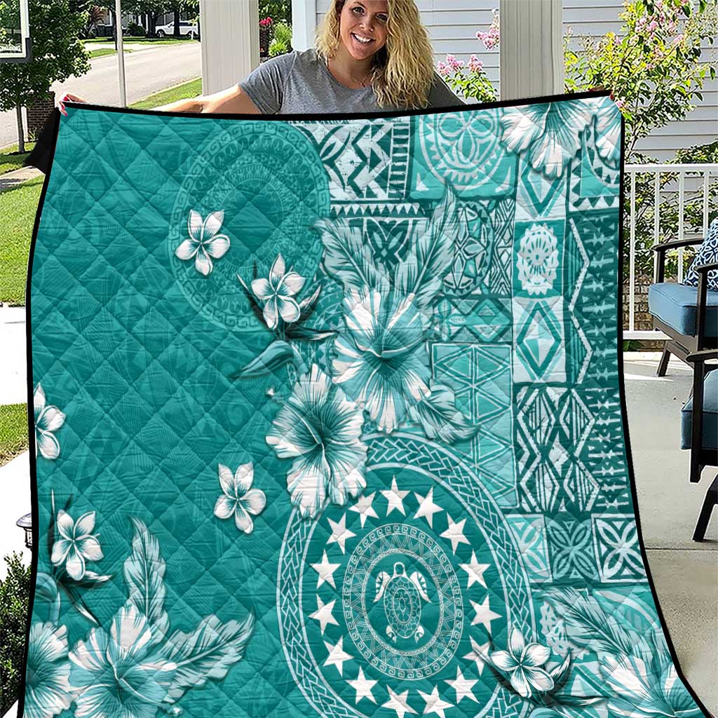Cook Islands Quilt Teal Hibiscus And Stars