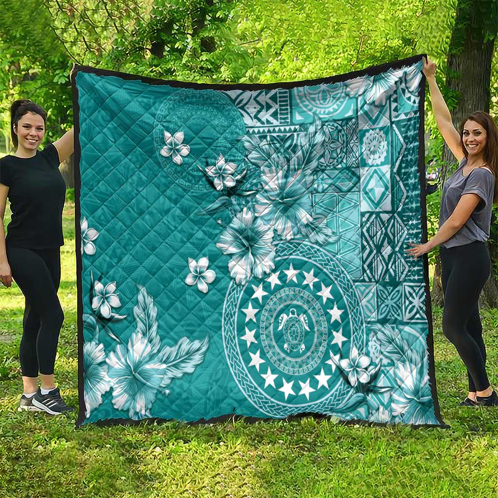 Cook Islands Quilt Teal Hibiscus And Stars