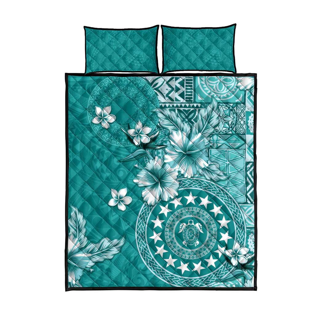 Cook Islands Quilt Bed Set Teal Hibiscus And Stars