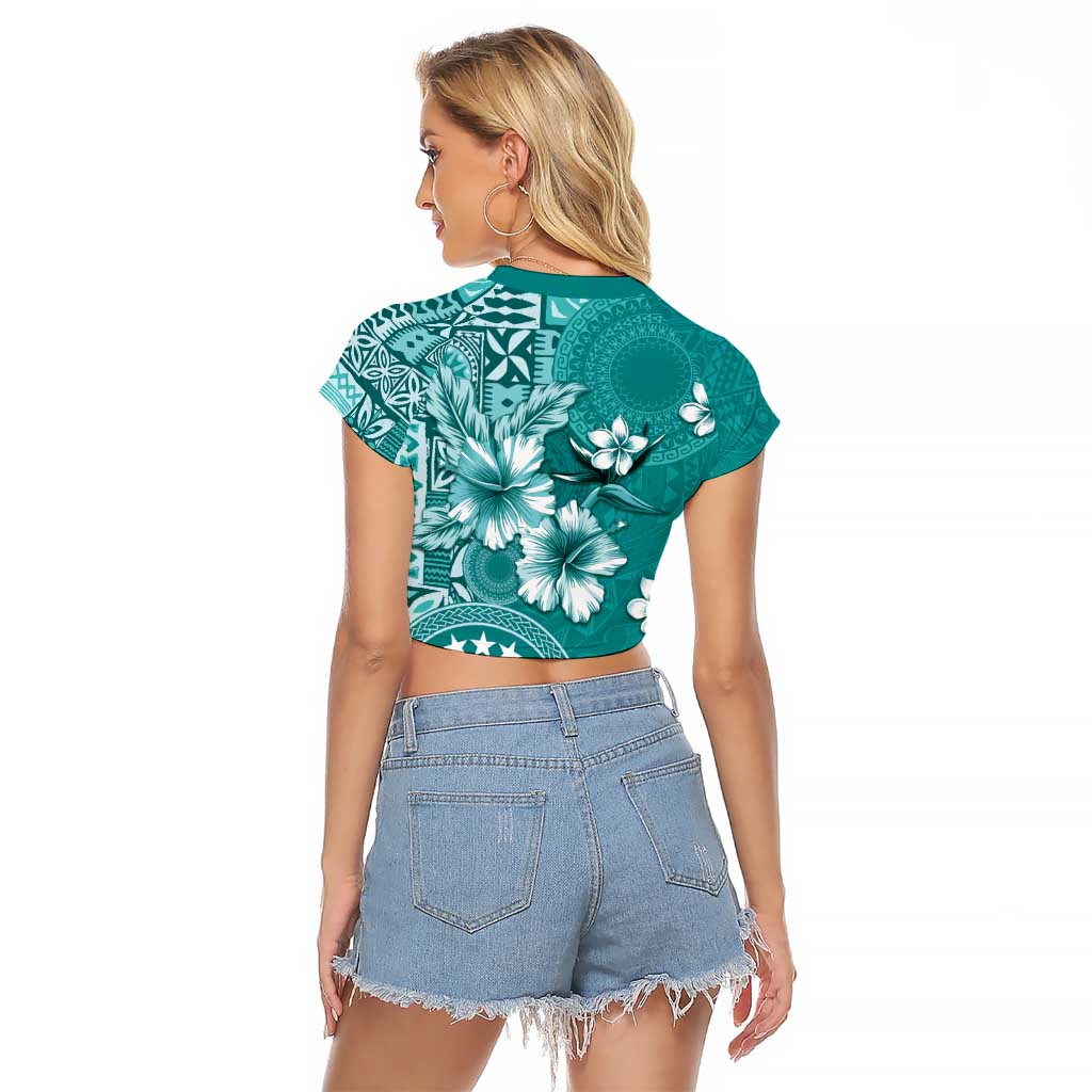 Cook Islands Raglan Cropped T Shirt Teal Hibiscus And Stars