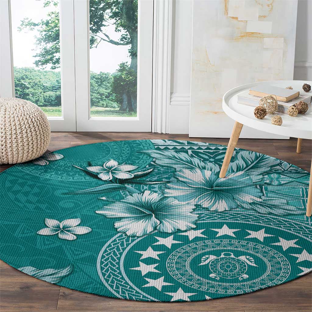 Cook Islands Round Carpet Teal Hibiscus And Stars