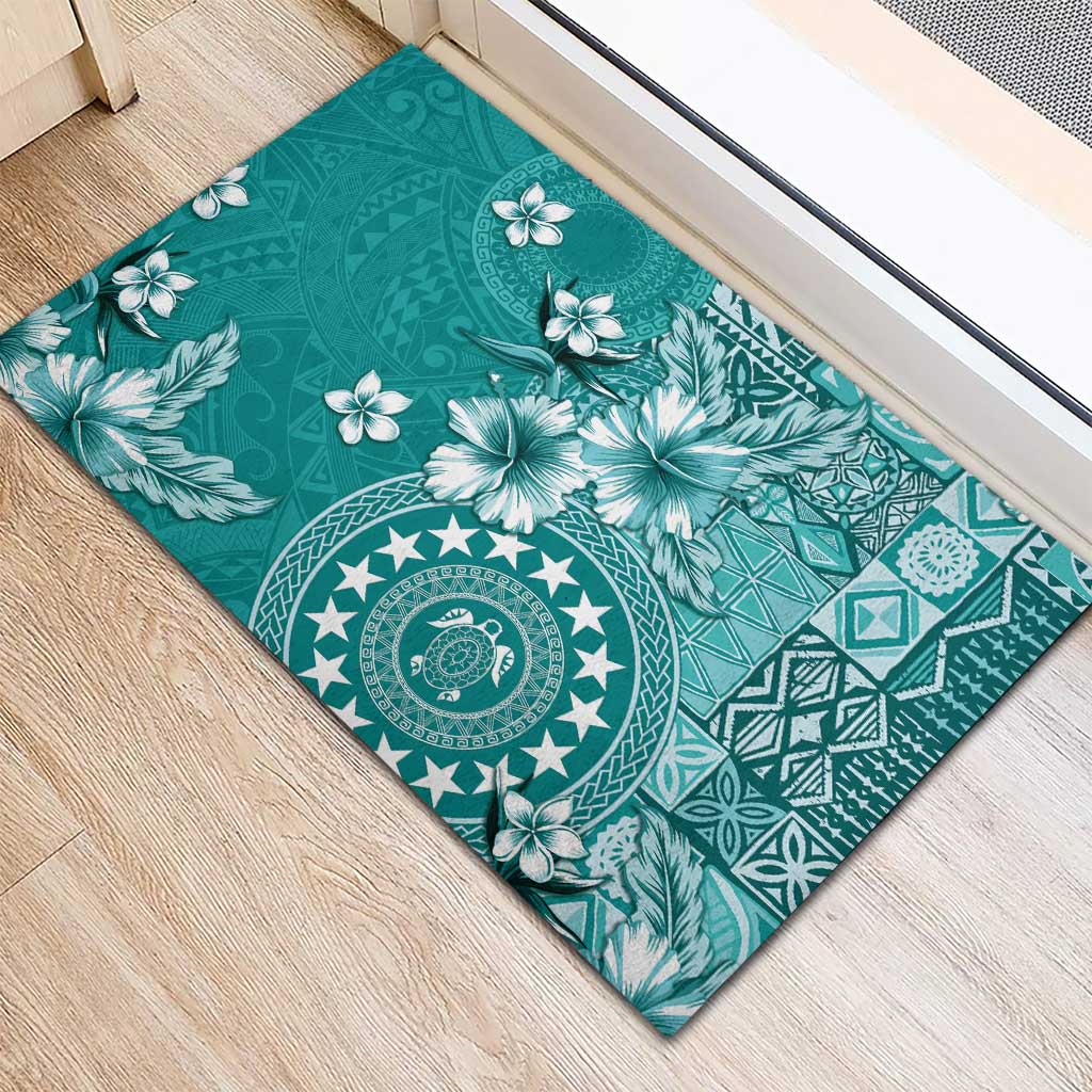 Cook Islands Rubber Doormat Teal Hibiscus And Stars