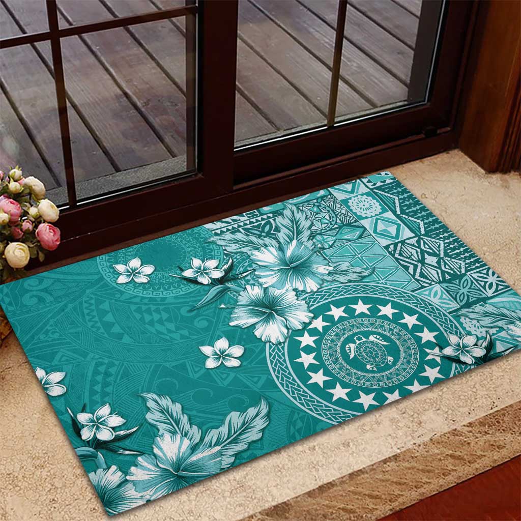 Cook Islands Rubber Doormat Teal Hibiscus And Stars