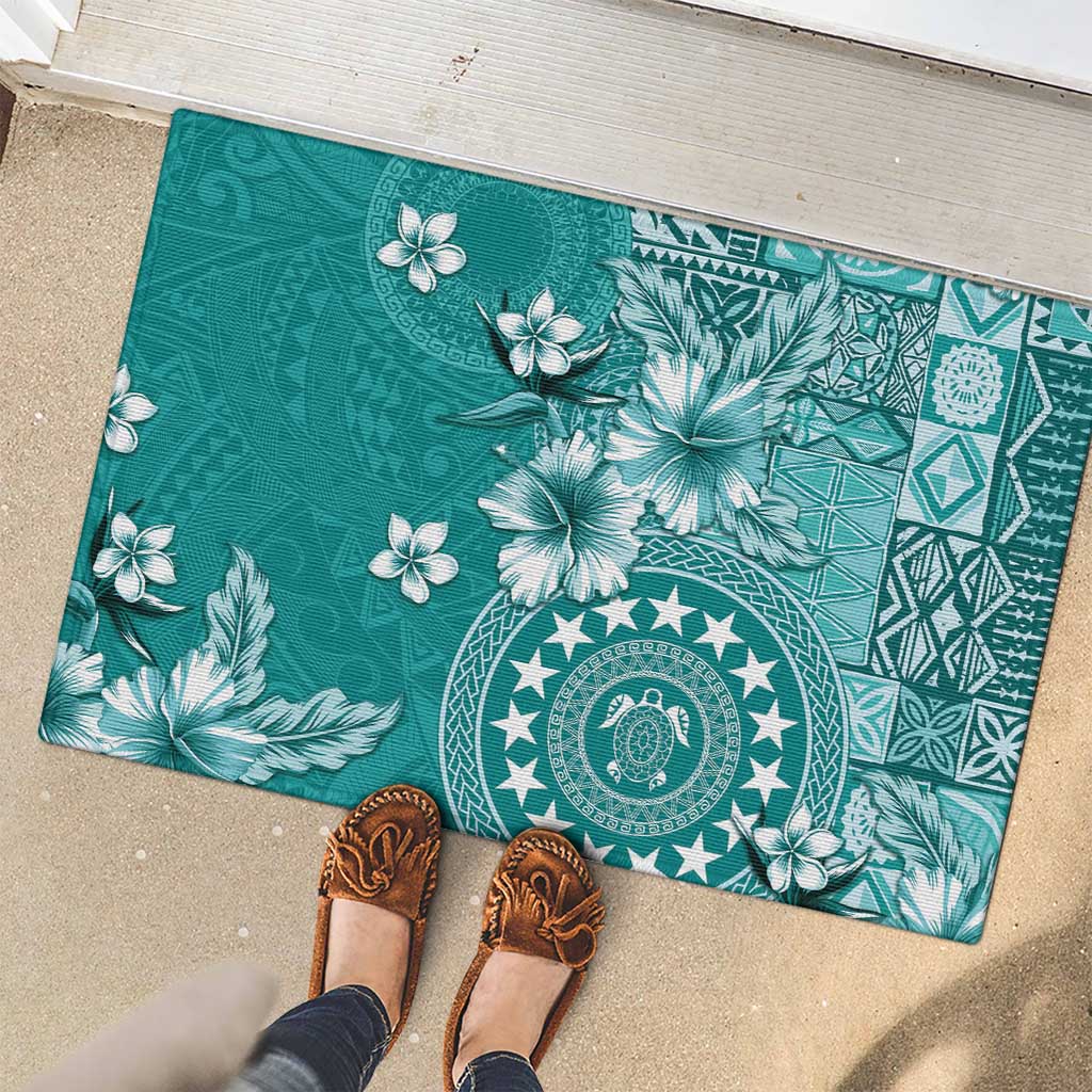 Cook Islands Rubber Doormat Teal Hibiscus And Stars