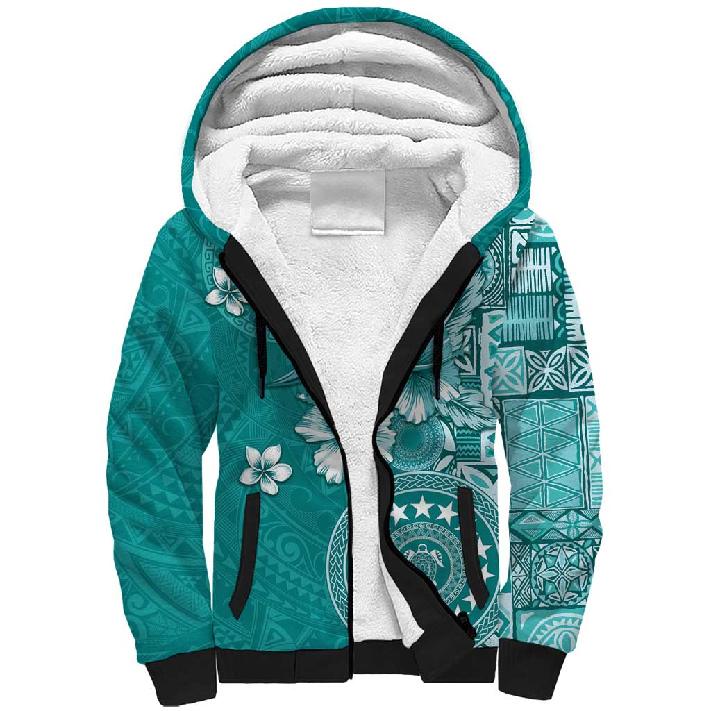 Cook Islands Sherpa Hoodie Teal Hibiscus And Stars