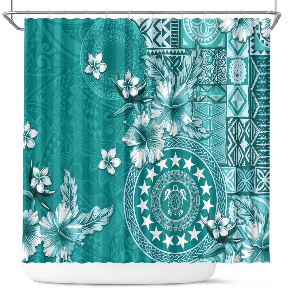 Cook Islands Shower Curtain Teal Hibiscus And Stars